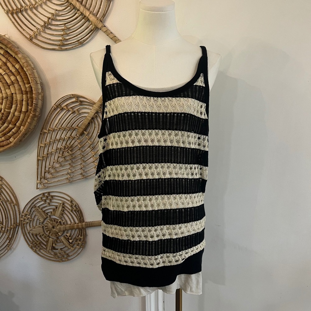 Venus Black Cream Crochet Striped Layered Cowl Back Tank Top Boho XL